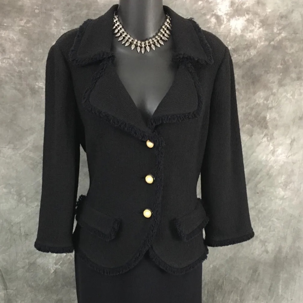 St. John Evening Jacket Black Fringe Trim 3/4 Sleeve Accent & Round Collar Pearl